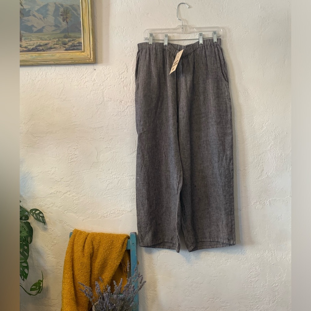 FLAX NWT LINEN PANTS FLOOD CROP SZ MED LANTERN TAPERED BLACK CROSS-DYE LAGENLOOK